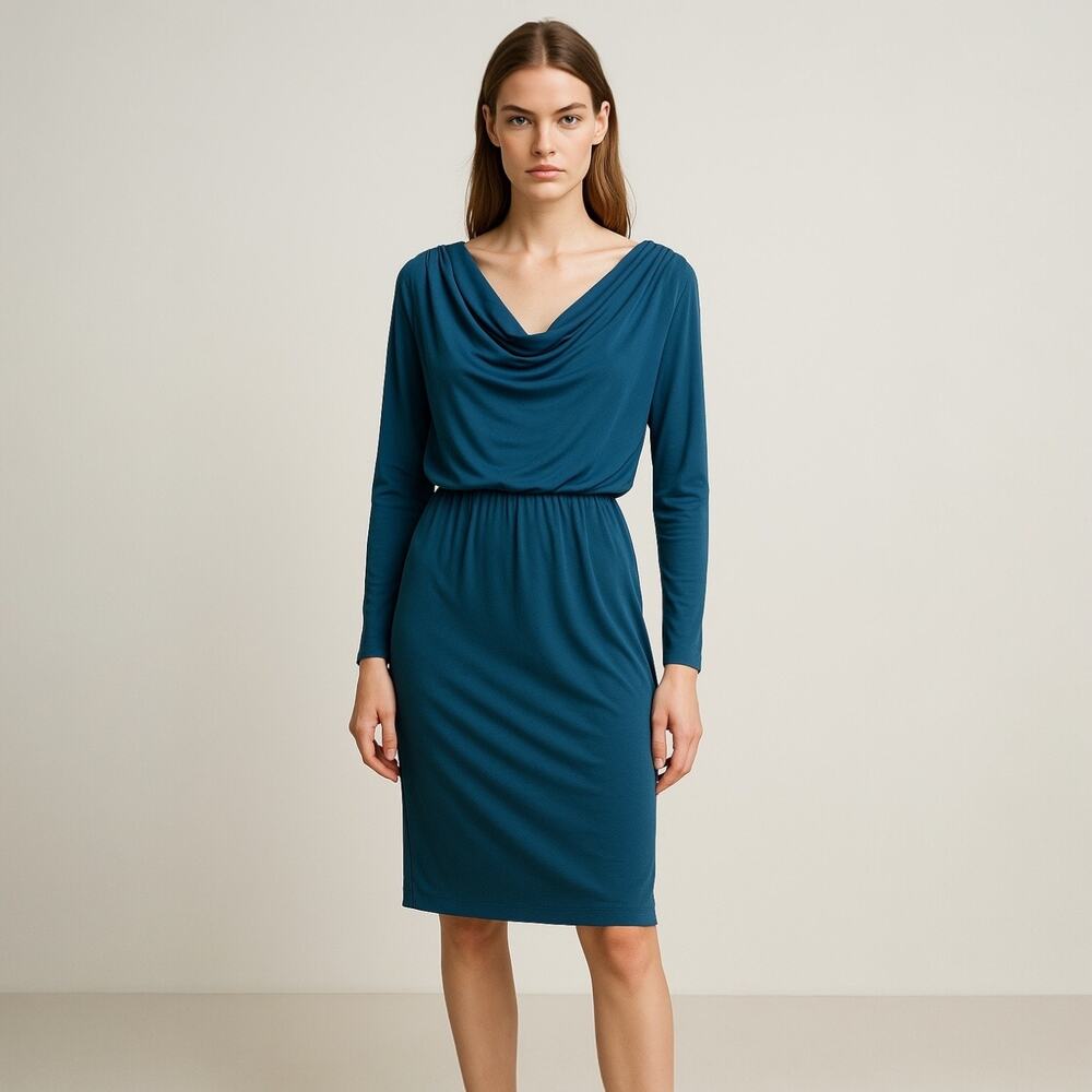 Maggy London Blue Long Sleeve Drapey Cowl Neck Blouson Knee Length Dress Size 4P